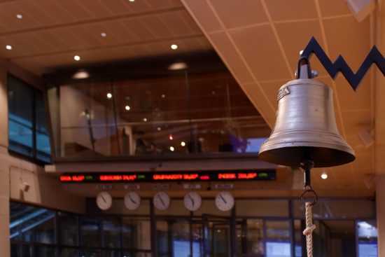 Bell in Warsaw Stock Exchange trading hall - Warsaw, Poland, March 27, 2018